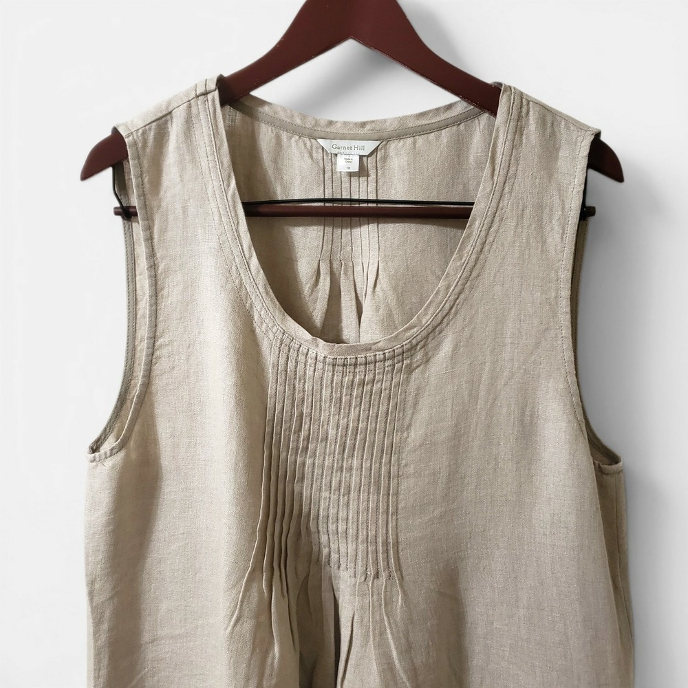 Garnet Hill Linen Pintuck A-line Shift Dress Oatmeal Beige Womens Size 18 - Picture 2 of 10